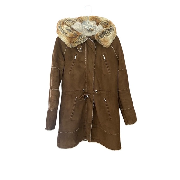 Laundry by Shelli Segal Los Angeles Suede Sherpa Lined Faux Fur Hood Brown Coat - Picture 1 of 11
